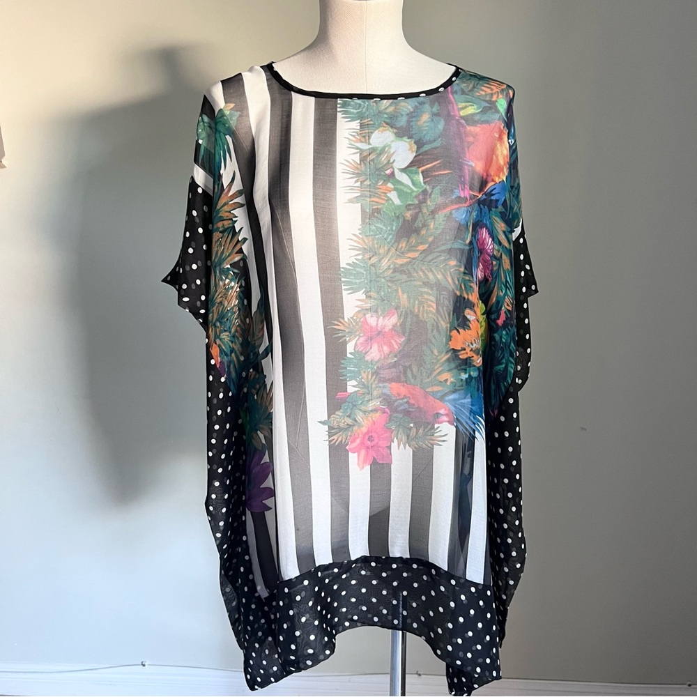 Liz Davenport 100% Silk Short Sleeve Blouse Swim Coverup Side Ties Striped OS - Picture 3 of 14